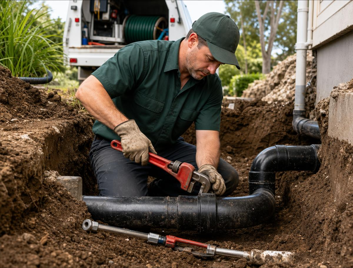 Licensed plumber repairing a sewer line in an excavated trench beside a home