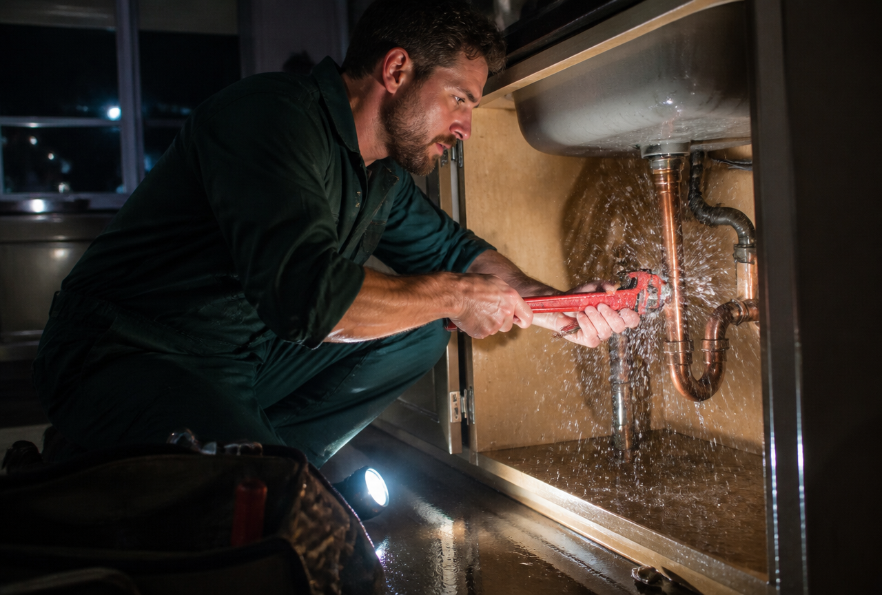 Emergency plumber stopping a burst pipe under a sink at night