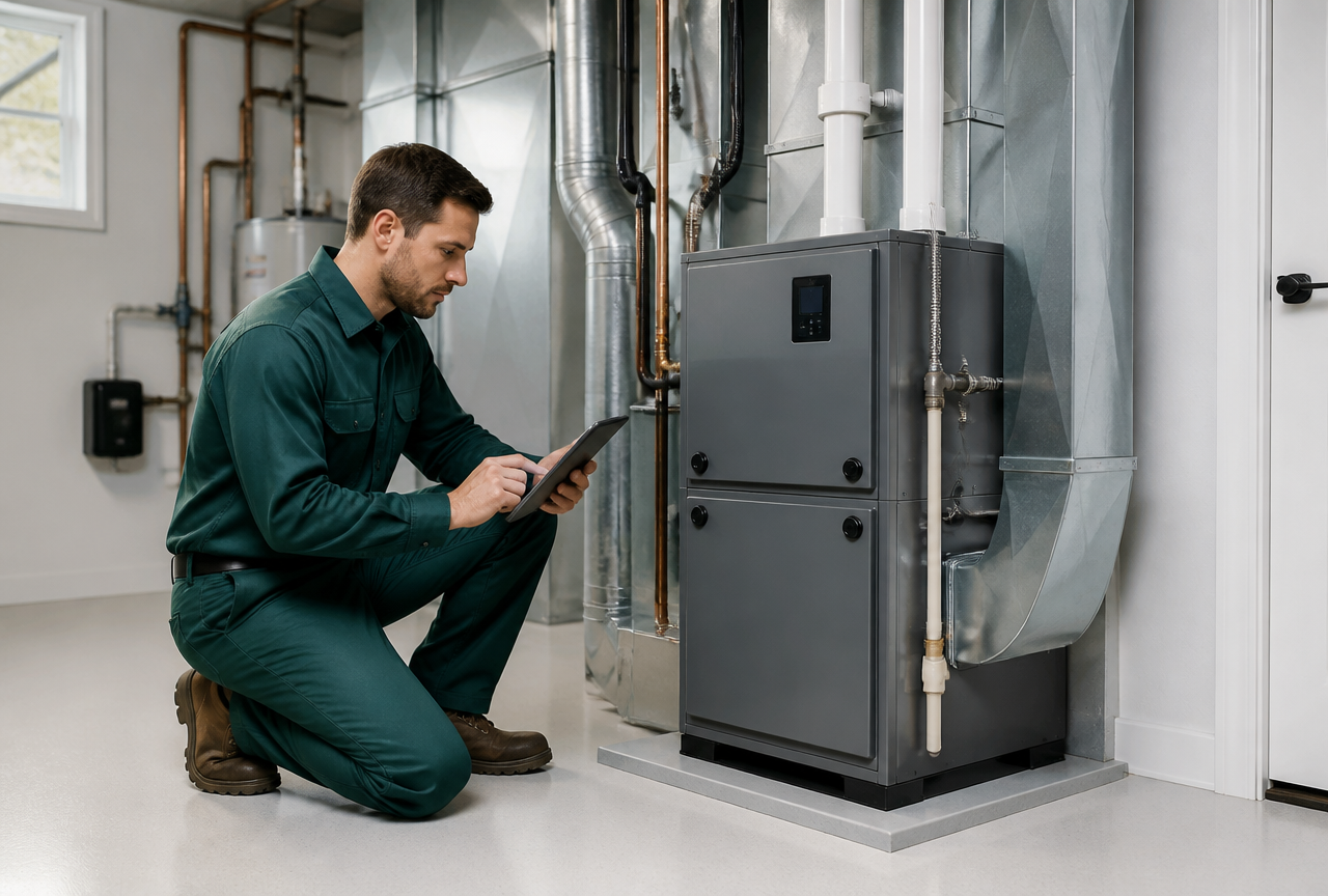 HVAC technician servicing a high efficiency furnace and ductwork