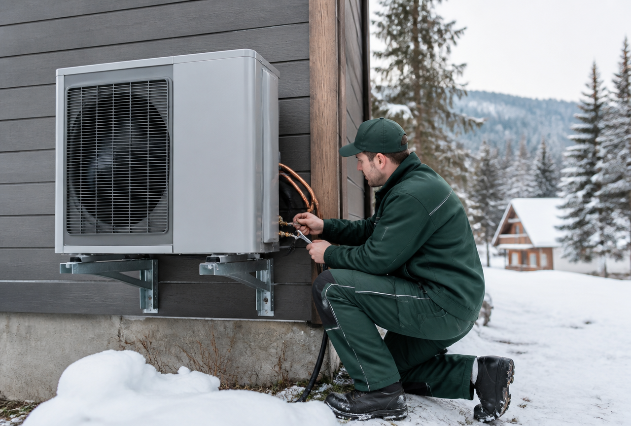 Technician servicing a cold climate heat pump outside a home in winter