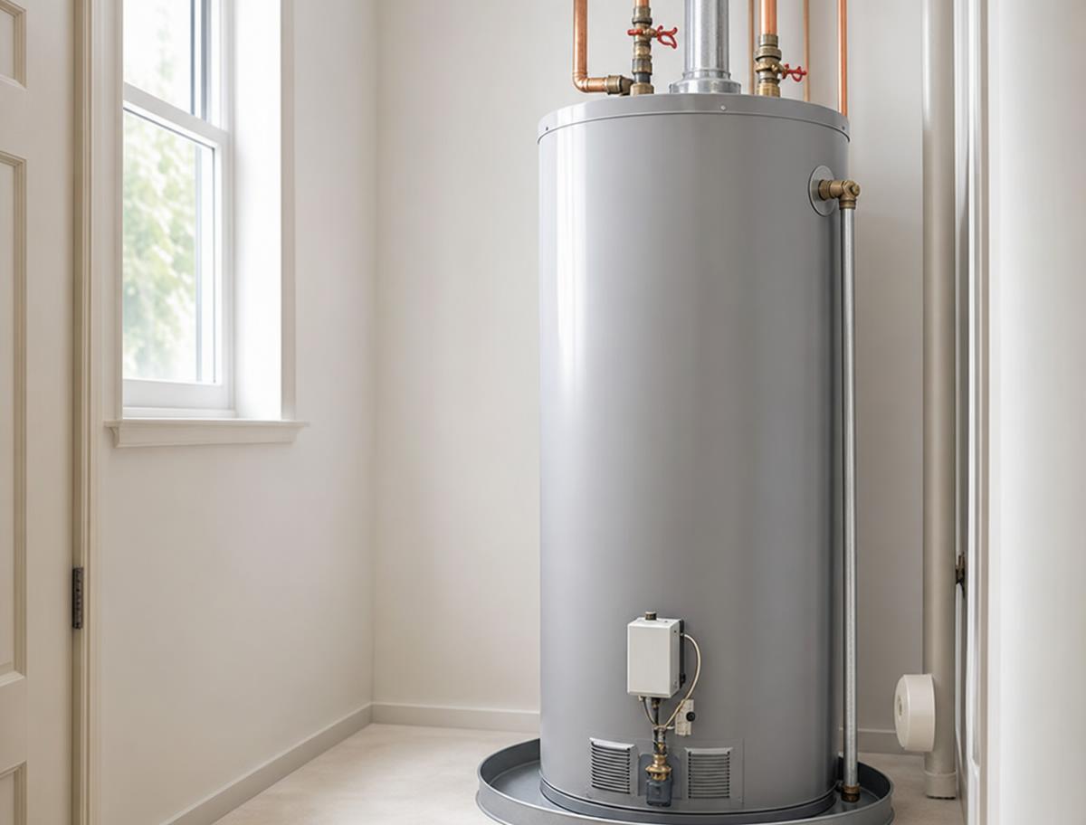 Residential hot water tank installed in a clean utility room with copper pipes