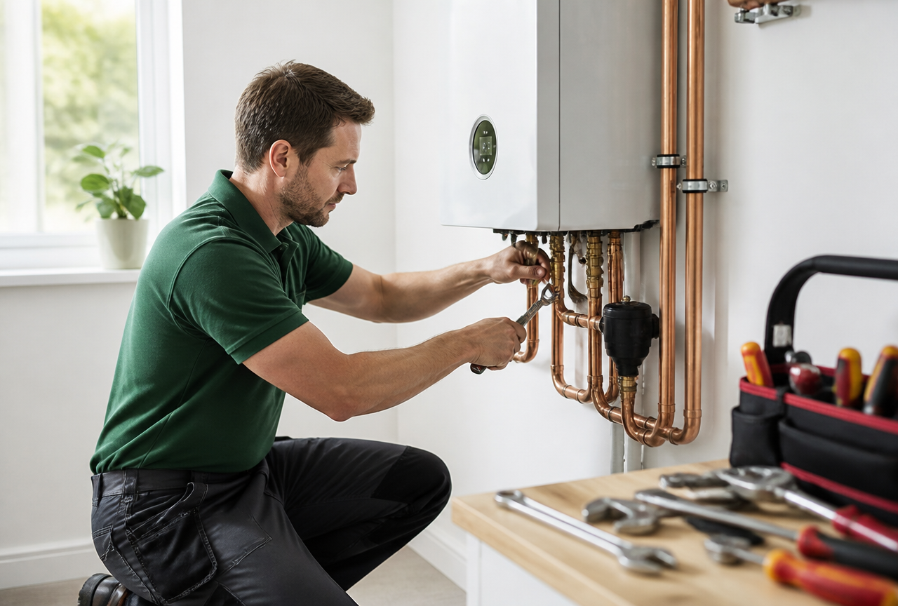 Licensed plumber installing a boiler and copper piping