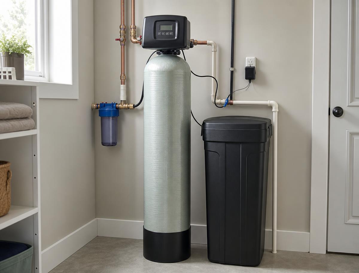 Residential water softener and brine tank installed in a utility room